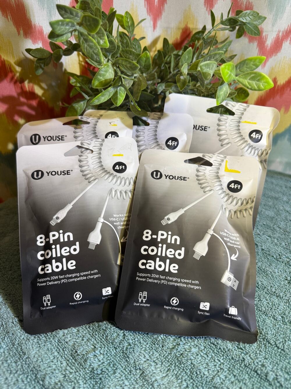 Charging Cord Lighting 8 pin coiled cable usb-c / usb-a Bundle of 5 Cords